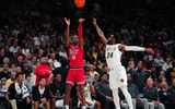 Jan 10, 2026; Boulder, Colorado, USA; Texas Tech Red Raiders forward Donovan Atwell (12) shoots the ball over Colorado Buffaloes guard Barrington Hargress (24) during the first half at the CU Events Center. Mandatory Credit: Ron Chenoy-Imagn Images