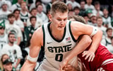 Michigan State forward Jaxon Kohler (0) dribbles against Indiana forward Tucker Devries (12) during the first half at Breslin Center in East Lansing on Tuesday, Jan. 13, 2026. - Junfu Han, USA TODAY Sports