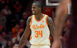 Tennessee forward Felix Okpara (34) smiles during a NCAA basketball game between Tennessee and Texas A&amp;M at Thompson-Boling Arena at Food City Center in Knoxville, Tenn., on Jan. 13, 2026.