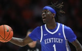 Jan 17, 2026; Knoxville, Tennessee, USA; Kentucky Wildcats guard Denzel Aberdeen (1) brings the ball up court against the Tennessee Volunteers during the second half at Thompson-Boling Arena at Food City Center. Mandatory Credit: Randy Sartin-Imagn Images