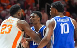 Tennessee forward Jaylen Carey (23) shoves Kentucky guard Otega Oweh (00) after a NCAA basketball game between the Tennessee Volunteers and Kentucky Wildcats at Thompson-Boling Arena at Food City Center in Knoxville, Tenn., on Jan. 17, 2026.