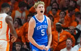 Kentucky guard Collin Chandler (5) celebrates as Kentucky takes the lead from Tennessee during a NCAA basketball game between the Tennessee Volunteers and Kentucky Wildcats at Thompson-Boling Arena at Food City Center in Knoxville, Tenn., on Jan. 17, 2026.