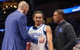 Jaland Lowe talks to Mark Pope during Kentucky's win over St. John's - Photo by Mont Dawson, Kentucky Sports Radio