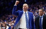 Jan 24, 2026; Lexington, Kentucky, USA; Kentucky Wildcats head coach Mark Pope celebrates after an offensive possession during the second half against the Mississippi Rebels at Rupp Arena at Central Bank Center. Mandatory Credit: Jordan Prather-Imagn Images