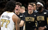 Jan 23, 2026; Brooklyn, New York, USA; Boston Celtics forward Amari Williams (77) celebrates with teammates after defeating the Brooklyn Nets in double overtime at Barclays Center. Mandatory Credit: Brad Penner-Imagn Images