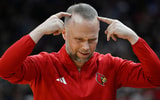 Jan 6, 2026; Louisville, Kentucky, USA; Louisville Cardinals head coach Pat Kelsey reacts during the second half against the Duke Blue Devils at KFC Yum! Center. Mandatory Credit: Jamie Rhodes-Imagn Images