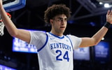 Jan 10, 2026; Lexington, Kentucky, USA; Kentucky Wildcats center Malachi Moreno (24) motions for the crowd to cheer during the first half against the Mississippi State Bulldogs at Rupp Arena at Central Bank Center. Mandatory Credit: Jordan Prather-Imagn Images
