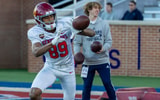 American Team wide receiver Ja'kobi Lane (89) of USC works in passing drills during American Senior Bowl practice at Hancock Whitney Stadium