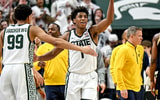 Michigan State's Jeremy Fears Jr. celebrates during a timeout during the second half in the game against Michigan on Friday, Jan. 30, 2026, at the Breslin Center in East Lansing. - Nick King, USA TODAY Sports