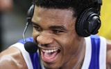 Jan 31, 2026; Fayetteville, Arkansas, USA; Kentucky Wildcats guard Otega Oweh (00) is interviewed after the game against the Arkansas Razorbacks at Bud Walton Arena. Kentucky won 85-77. Mandatory Credit: Nelson Chenault-Imagn Images