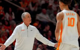Tennessee coach Rick Barnes talks to Tennessee forward Nate Ament (10) during a NCAA basketball game between the Tennessee Volunteers and Auburn Tigers at Thompson-Boling Arena at Food City Center in Knoxville, Tenn., on Jan. 31, 2026.