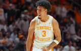 Tennessee guard Bishop Boswell (3) yells in celebration as Tennessee closes in on the win during a NCAA basketball game between the Tennessee Volunteers and Auburn Tigers at Thompson-Boling Arena at Food City Center in Knoxville, Tenn., on Jan. 31, 2026.
