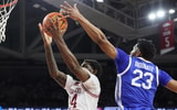 Kentucky F Mo Dioubate blocks a shot at Arkansas, via Nelson Chenault-Imagn Images