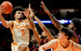 Tennessee guard Ja'Kobi Gillespie (0) attempts to score during an NCAA college basketball game against Ole Miss on February 3, 2026, in Knoxville, Tennessee.