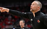 Feb 4, 2026; Louisville, Kentucky, USA; Louisville Cardinals head coach Pat Kelsey calls out instructions during the second half agains the Notre Dame Fighting Irish at KFC Yum! Center. Louisville defeated Notre Dame 76-65. Mandatory Credit: Jamie Rhodes-Imagn Images