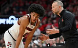 Feb 4, 2026; Louisville, Kentucky, USA; Louisville Cardinals head coach Pat Kelsey talks with guard Mikel Brown Jr. (0) during the second half against the Notre Dame Fighting Irish at KFC Yum! Center. Louisville defeated Notre Dame 76-65. Mandatory Credit: Jamie Rhodes-Imagn Images