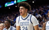 Feb 7, 2026; Lexington, Kentucky, USA; Kentucky Wildcats center Malachi Moreno (24), guard Jasper Johnson (2) and forward Braydon Hawthorne (right) celebrate from the bench during the second half against the Tennessee Volunteers at Rupp Arena at Central Bank Center. Mandatory Credit: Jordan Prather-Imagn Images