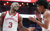 Louisville Cardinals guard Ryan Conwell (3) laughs with Louisville Cardinals guard Mikel Brown Jr. (0) in the first half at the KFC Yum! Center in downtown Louisville February 9, 2026.