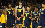 Michigan Wolverines basketball's Morez Johnson Jr., Aday Mara, Trey McKenney, L.J. Cason and Yaxel Lendeborg. (Photo by David Banks-Imagn Images)