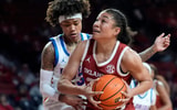 Oklahoma's Keziah Lofton (22) goes to the basket as Florida's Liv McGill (23) defends during the women's basketball game between the University of Oklahoma and the Florida Gators at Lloyd Noble Center, in Noble, Okla., Thursday Feb. 12, 2026.