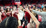 Jennie Baranczyk leads the team in a huddle following the women's basketball game between the University of Oklahoma and the Florida Gators at Lloyd Noble Center, in Noble, Okla., Thursday Feb. 12, 2026.