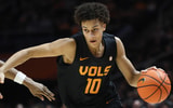 Feb 14, 2026; Knoxville, Tennessee, USA;  Tennessee Volunteers forward Nate Ament (10) moves the ball against the Louisiana State Tigers during the first half at Thompson-Boling Arena at Food City Center. Mandatory Credit: Randy Sartin-Imagn Images