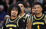 Michigan Wolverines basketball guards Elliot Cadeau and Trey McKenney stepped up in a win over Purdue. (Photo by Marc Lebryk-Imagn Images)