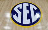 Mar 12, 2020; Nashville, Tennessee, USA; View of SEC logo on the court after the announcement the SEC Conference Tournament was cancelled at Bridgestone Arena. Mandatory Credit: Christopher Hanewinckel-USA TODAY Sports
