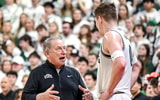 Michigan State's head coach Tom Izzo, left, talks with Jaxon Kohler UCLA's during the first half on Tuesday, Feb. 17, 2026, at the Breslin Center in East Lansing. - Nick King, USA TODAY Sports
