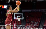 Oklahoma's Zya Vann (3) shoots a 3-point basket in the second half of the women's basketball game between the University of Oklahoma and the Florida Gators at Lloyd Noble Center, in Noble, Okla., Thursday Feb. 12, 2026.