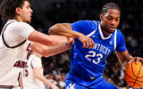 Feb 24, 2026; Columbia, South Carolina, USA; Kentucky Wildcats forward Mouhamed Dioubate (23) attempts to drives around South Carolina Gamecocks forward EJ Walker (6) during the second half at Colonial Life Arena. Mandatory Credit: Jeff Blake-Imagn Images