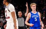 Feb 24, 2026; Columbia, South Carolina, USA; Kentucky Wildcats guard Collin Chandler (5) reacts after making a three point basket against the South Carolina Gamecocks during the second half at Colonial Life Arena. Mandatory Credit: Jeff Blake-Imagn Images