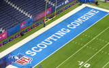 Feb 24, 2026; Indianapolis, IN, USA; The 2026 NFL Scouting Combine logo in the end zone at Lucas Oil Stadium. Mandatory Credit: Kirby Lee-Imagn Images