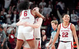 Oklahoma's Sahara Williams (6), Raegan Beers (15) and Keziah Lofton (22) celebrate following the women's college basketball game between the Oklahoma Sooners and the South Carolina at the Lloyd Noble Center in Norman, Okla., Thursday Jan. 22, 2026.