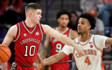 Louisville Cardinals guard Isaac McKneely (10) is defended by Clemson Tigers guard Efrem Johnson (4) Saturday, Feb. 28, 2026, during the NCAA men’s basketball game at Littlejohn Coliseum in Clemson, South Carolina.