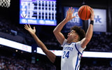 Feb 28, 2026; Lexington, Kentucky, USA; Kentucky Wildcats center Malachi Moreno (24) goes to the basket during the second half against the Vanderbilt Commodores at Rupp Arena at Central Bank Center. Mandatory Credit: Jordan Prather-Imagn Images