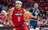 Louisville Cardinals guard Mikel Brown Jr. (0) drives the basket as the Louisville Cardinals host the Georgia Tech Yellow Jackets in an NCAA basketball game at the KFC Yum! Center, Saturday, Feb. 21, 2026, in Louisville.