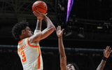 Tennessee guard Bishop Boswell (3) shoots the ball in front of Alabama guard Aden Holloway (2) during a NCAA basketball game between Tennessee and Alabama at Thompson-Boling Arena at Food City Center in Knoxville, Tenn., on Feb. 28, 2026.