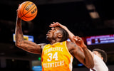 Mar 3, 2026; Columbia, South Carolina, USA; Tennessee Volunteers center Felix Okpara (34) grabs a rebound in front of South Carolina Gamecocks forward EJ Walker (6) in the first half at Colonial Life Arena. Mandatory Credit: Jeff Blake-Imagn Images