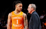 Mar 3, 2026; Columbia, South Carolina, USA; Tennessee Volunteers head coach Rick Barnes speaks with guard Amari Evans (1) against the South Carolina Gamecocks in the second half at Colonial Life Arena. Mandatory Credit: Jeff Blake-Imagn Images