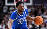 Mar 3, 2026; College Station, Texas, USA; Kentucky Wildcats forward Mouhamed Dioubate (23) controls the ball during the first half against the Texas A&M Aggies at Reed Arena. Mandatory Credit: Maria Lysaker-Imagn Images