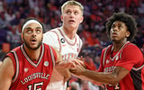 Louisville Cardinals center Aly Khalifa (15) and Louisville Cardinals guard Adrian Wooley (14) box out Clemson Tigers forward Chase Thompson (3) Saturday, Feb. 28, 2026, during the NCAA men’s basketball game at Littlejohn Coliseum in Clemson, South Carolina.