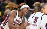 South Carolina Gamecocks guard Raven Johnson (25) celebrates with South Carolina Gamecocks guard Tessa Johnson (5) Friday, March 6, 2026, during the SEC Women's Basketball Tournament quarterfinals game against the Kentucky Wildcats at Bon Secours Wellness Arena in Greenville, South Carolina.