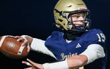 =Tri-West Bruins quarterback Jack Sorgi (19) looks to pass Friday, Oct. 31, 2025, during a game between the Tri-West Bruins and the Cascade Cadets at Tri-West High School in Lizton, Ind.