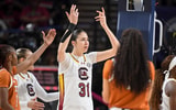 South Carolina Gamecocks forward Alicia Tournebize (31) reacts to a foul call Sunday, March 8, 2026, during the SEC Women's Basketball Tournament Championship game against the Texas Longhorns at Bon Secours Wellness Arena in Greenville, South Carolina.