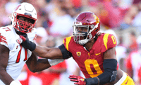 USC Trojans defensive lineman Korey Foreman (0) rushes the passer during a college football game between the Utah Utes and the USC Trojans on October 9, 2021, at Los Angeles Memorial Coliseum in Los Angeles, CA. (Photo by Brian Rothmuller/Icon Sportswire