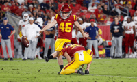 USC Trojans place kicker Denis Lynch (46) kicked the extra points during a college football game between the Fresno State Bulldogs and the USC Trojans on September 17, 2022, at the Los Angeles Memorial Coliseum in Los Angeles, CA. (Photo by Jordon Kelly/I