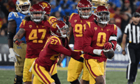 USC Trojans defensive end Korey Foreman (0) reacts after intercepting a pass late in the fourth quarter of a college football game against the UCLA Bruins played on November 19, 2022 at the Rose Bowl in Pasadena, CA. (Photo by John Cordes/Icon Sportswire