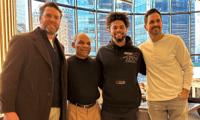 USC Heisman Trophy winners Carson Palmer, Mike Garrett and Matt Leinart pose with USC quarterback and Heisman Trophy finalist Caleb Williams on the morning of the 2022 Heisman Trophy presentation (Scott Schrader/WeAreSC)