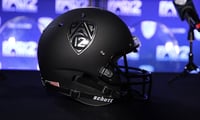 The Pac-12 logo on a helmet at Media Day 2022